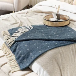 Manta De Algodón/acrílico Azul Oscuro/beige 130 X 170 Cm TAARI -Descansaya Tienda De Ventas d44e22380aecf88df66d5d71c17e8d5dc5550dda 9d74c8d3189941b9bcefafb852a344ab